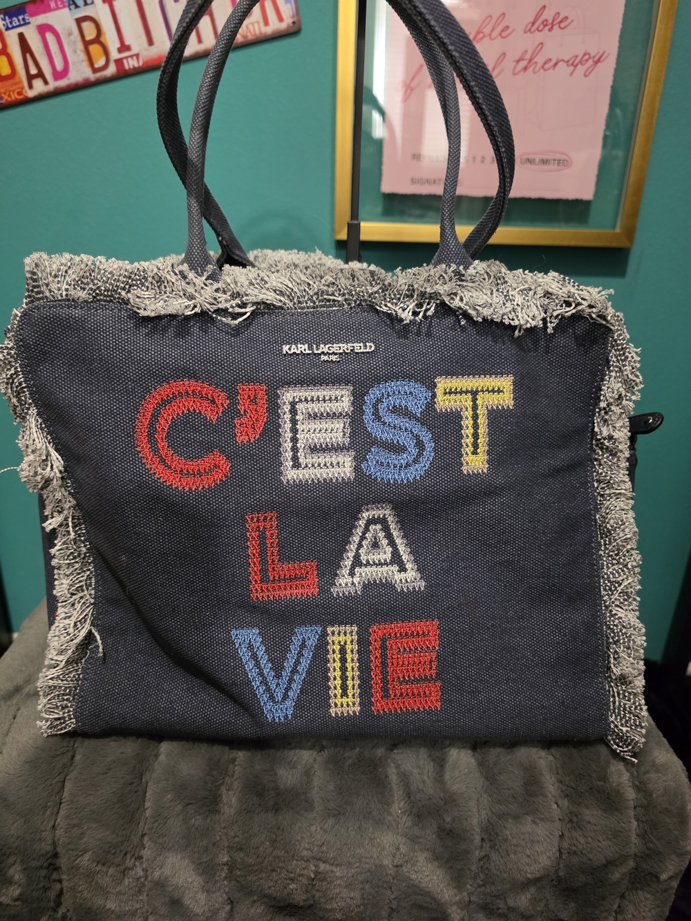 Karl Lagerfeld Denim 'C'EST LA VIE' Fringe Tote Bag